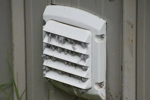 A white outdoor vent cover, clogged with lint and debris, is attached to the exterior wall of a building. Grass appears at the bottom left corner—highlighting the need for dryer vent cleaning New Jersey to ensure proper airflow and safety.