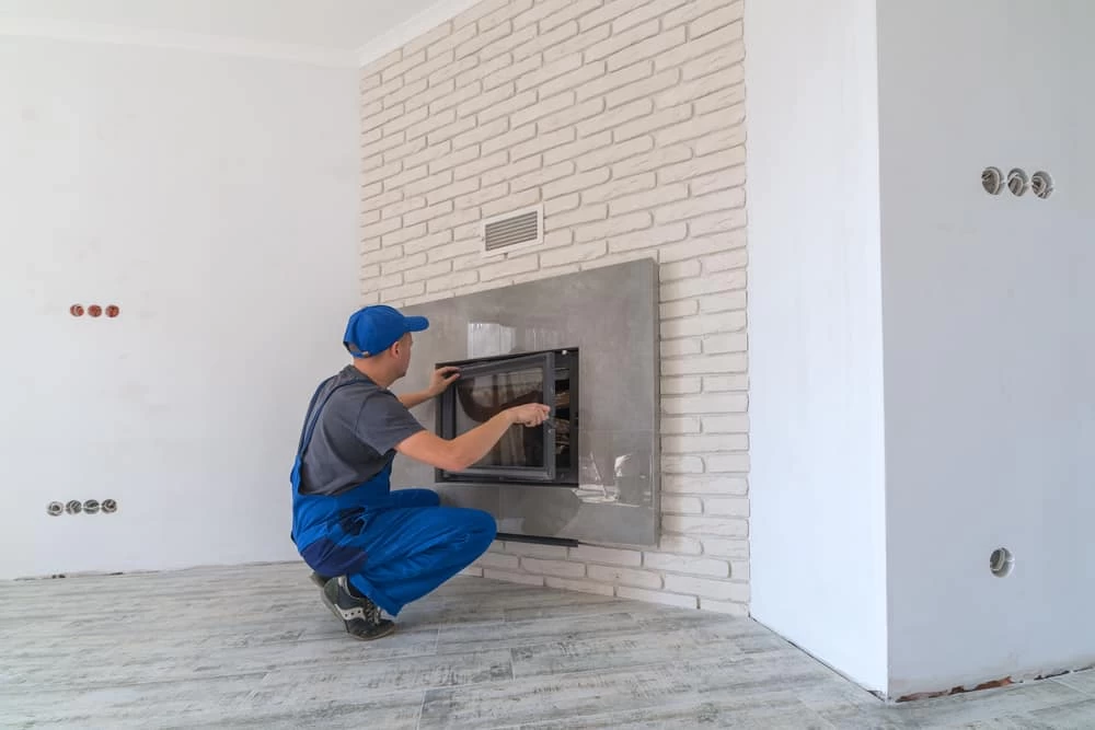 A person in blue overalls and a cap installs or repairs a built-in oven in a white brick wall inside a modern, unfinished room—services like air duct cleaning New Jersey can also help keep home appliances running efficiently.
