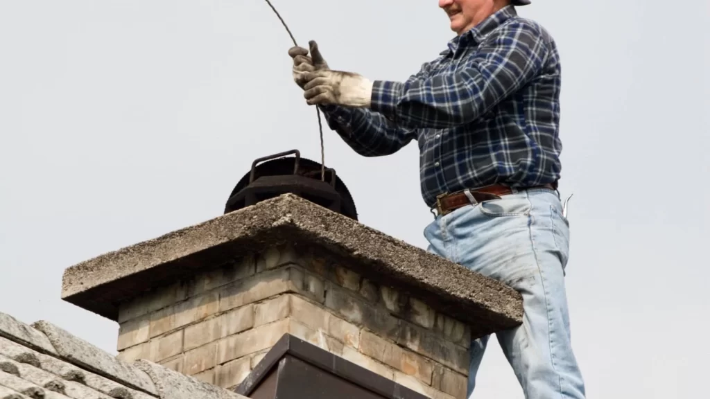 A person wearing gloves, jeans, and a plaid shirt stands on a roof, cleaning a brick chimney with a long rod or brush—much like professionals offering air duct services New Jersey rely on—on a cloudy day.