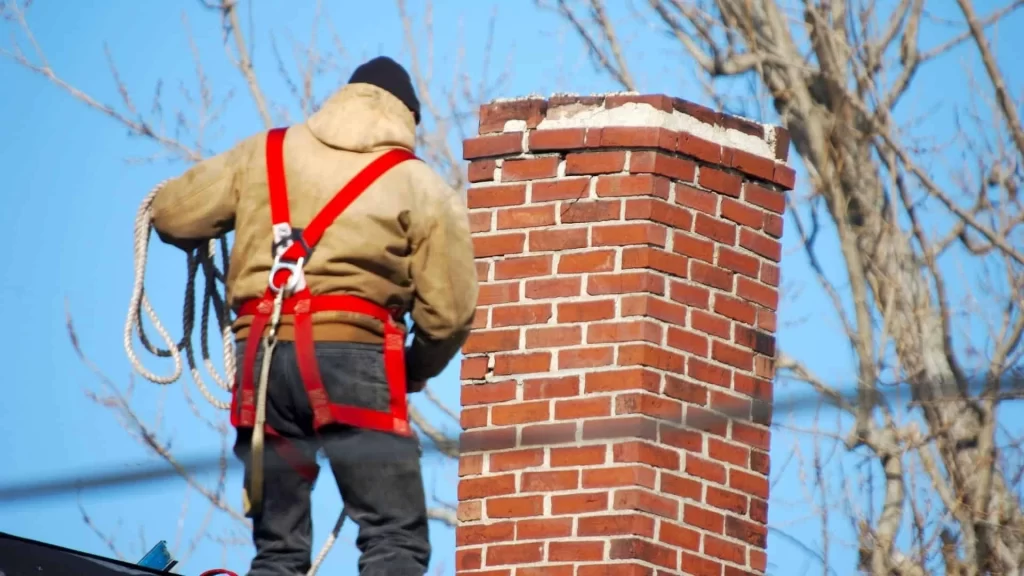 A person wearing a safety harness and winter clothing stands next to a red brick chimney, working on a rooftop—air duct services New Jersey ensure safe and clean airflow, with leafless trees and blue sky in the background.