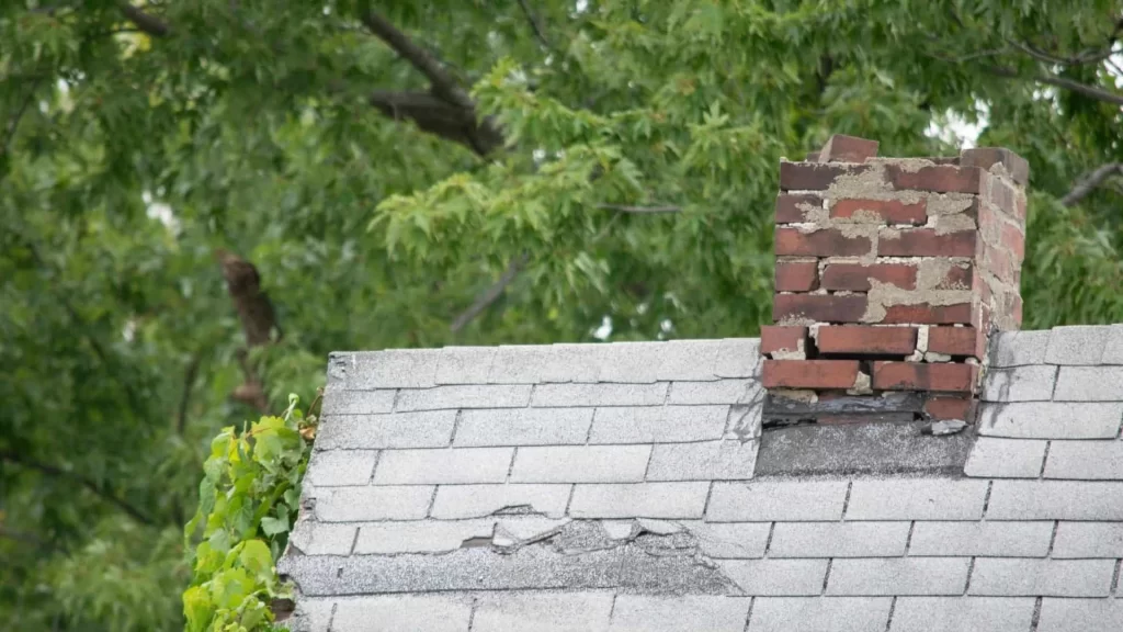 A weathered brick chimney rises above a shingle-covered roof with missing and cracked tiles, while green leafy trees frame the scene—an ideal setting to consider air duct services New Jersey for improved home safety.