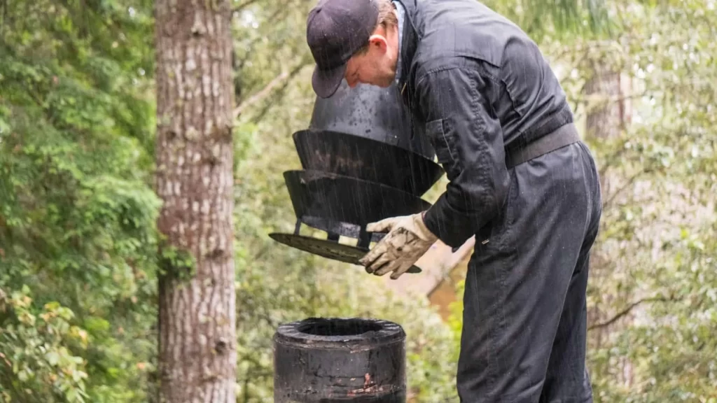 A person in black work clothes and gloves cleans or inspects the top of a chimney outdoors, surrounded by trees. Offering air duct services New Jersey, they are seen lifting a metal cap off the chimney for maintenance.