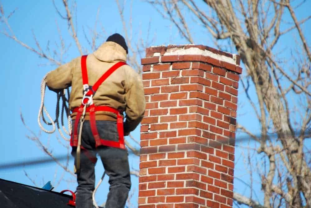 This image depicts a technician performing essential chimney repairs, addressing cracks and structural wear.