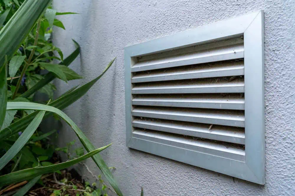 A close-up of a metal ventilation grille installed on a light gray exterior wall, with green plants growing nearby at the base of the wall.
