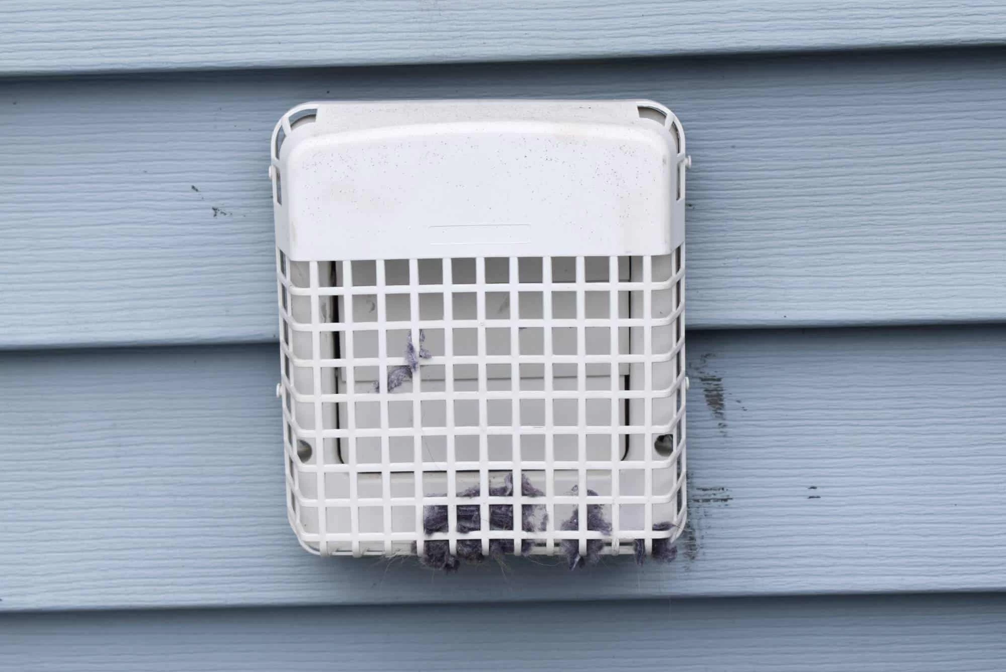 A white vent with a protective grid cover attached to blue siding, partially clogged with lint trapped at the bottom of the grid.