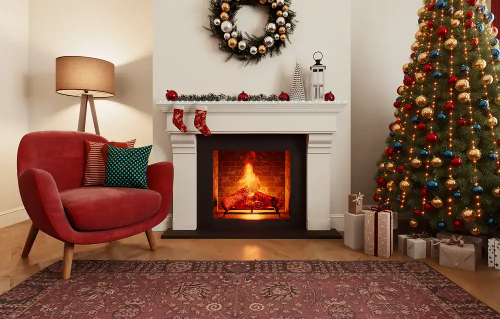 A cozy living room decorated for Christmas with a red armchair, lit fireplace, wreath above the mantel, stockings, a decorated tree, wrapped gifts, and a floor lamp—perfectly fresh thanks to expert air duct services New Jersey.